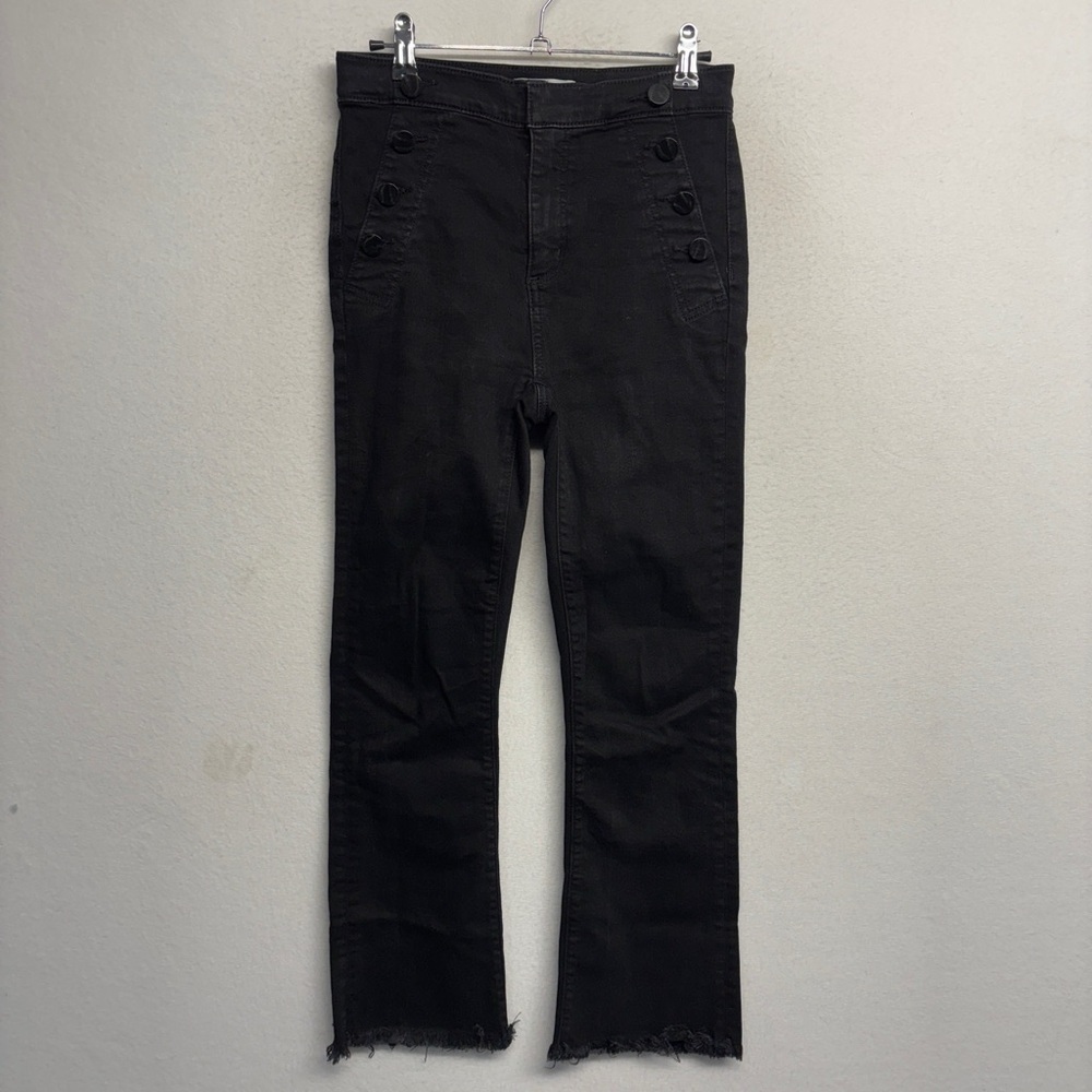 LOFT Flare Crop Black Fray Button‎ Apron Nautical Jeans 2/26